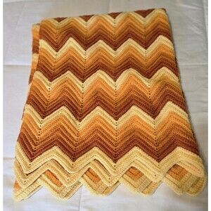 Vintage Crochet Afghan, Orange Yellow Amber Brown 42"x 34" Autumn Colors